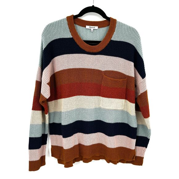 MADEWELL Rainbow Stripe Thompson Pocket Knit Crew Neck Pullover Sweater Large - Picture 4 of 9